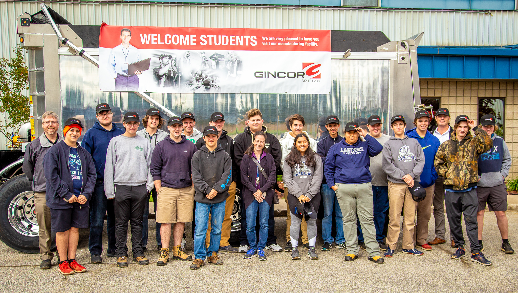 A group of Chatham-Kent students visiting Gincor Werx, a trailer manufacturer located in Blenheim, for an insider tour