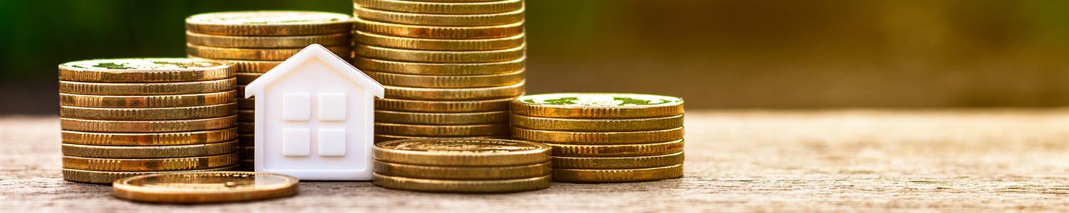 Images of coins stacked and a small plastic house leaning against the coins.