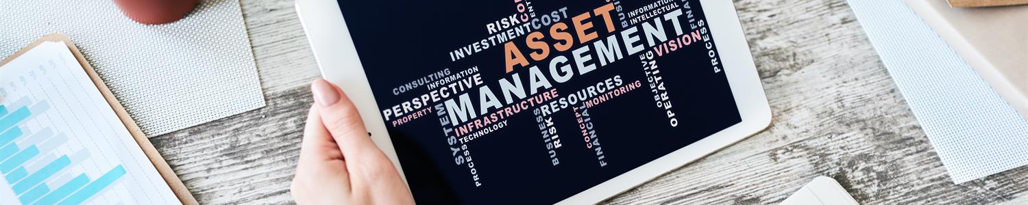 Asset management words cloud on screen. FInancial and Business concept.