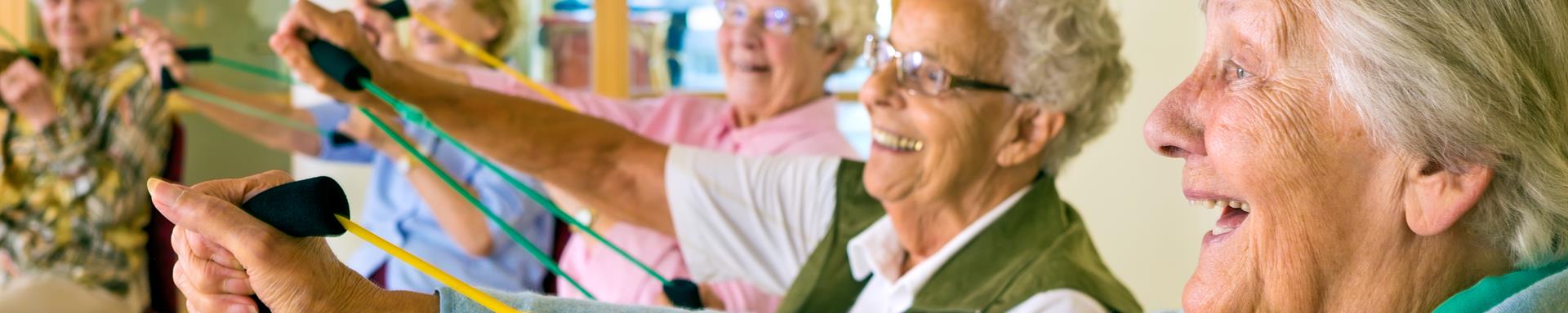 Large group of happy enthusiastic elderly ladies exercising in a gym sitting in chairs doing stretching exercises with rubber ba