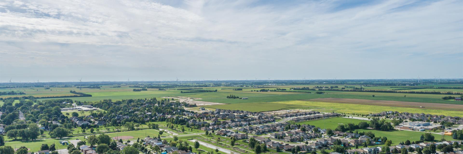 Drone shot of green neighbourhoods and streets, with a blue sky above.