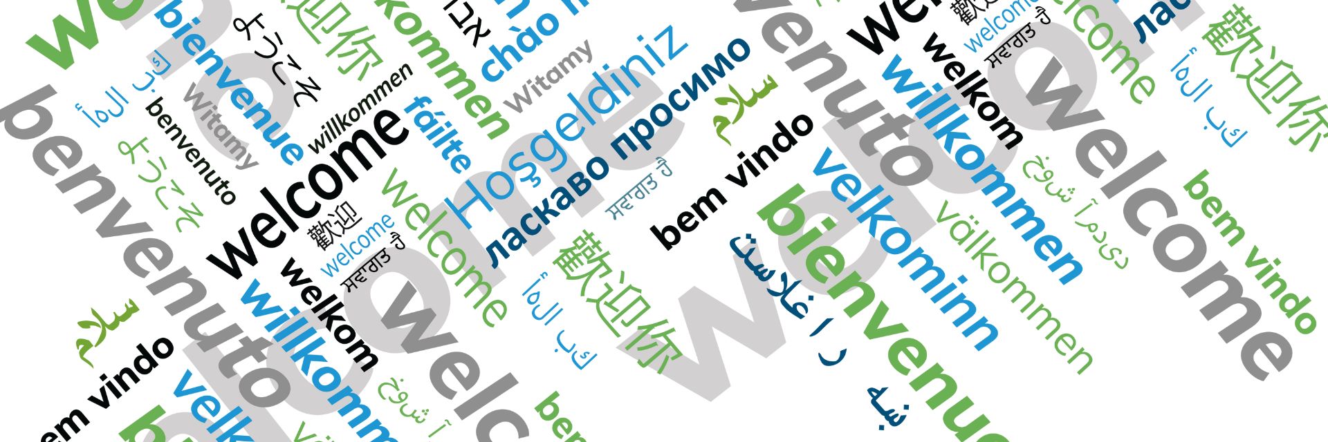 Multilingual word cloud saying "Welcome" in various languages.