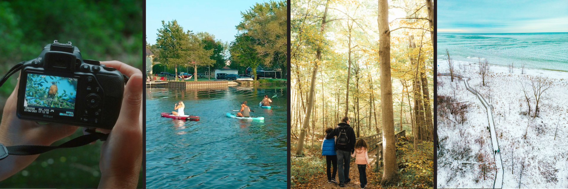 A parent and their child in a wheelchair looking out at the lake.