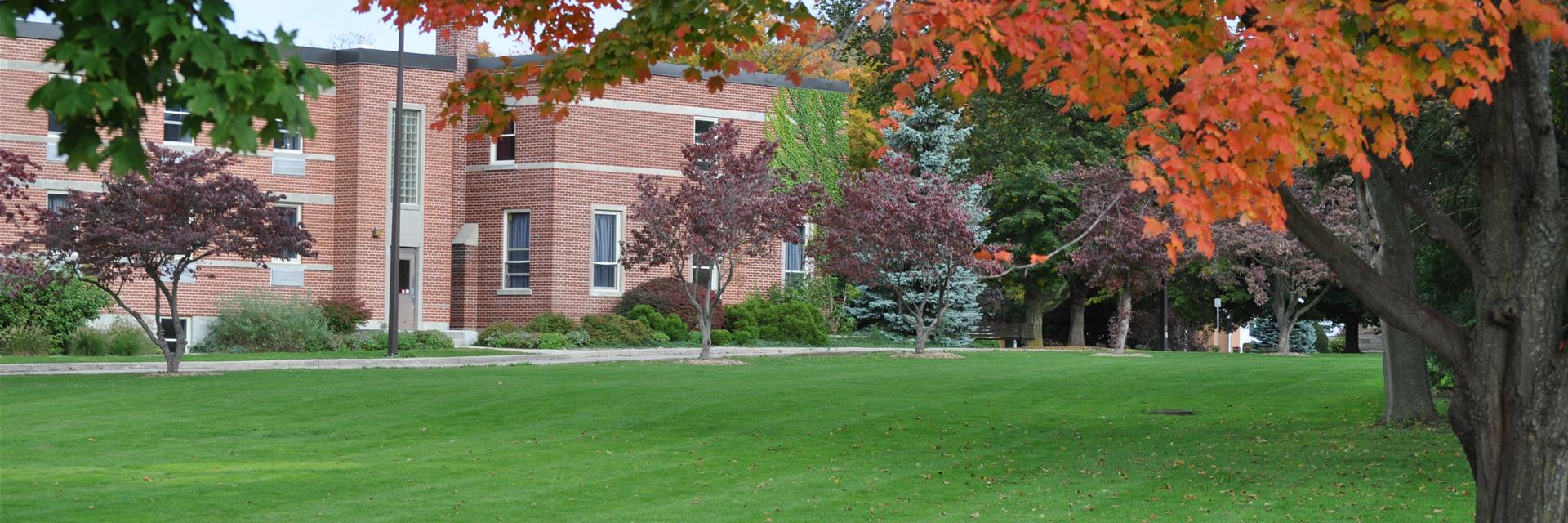 Fall trees on a college campus.