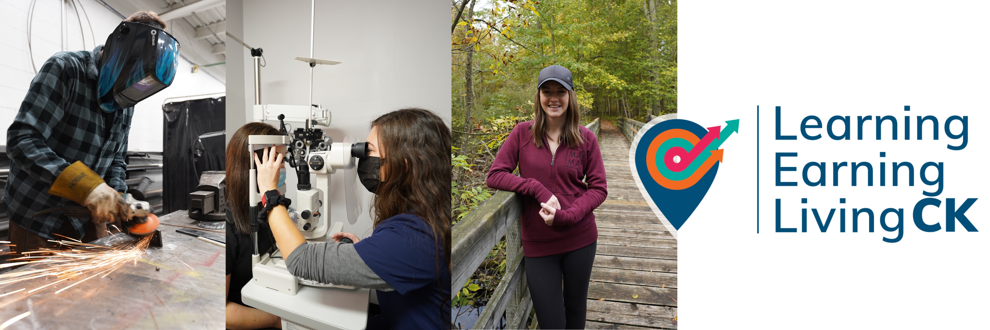 A collage of a person doing skilled trade apprenticeship work, working in healthcare, and a lifestyle image.