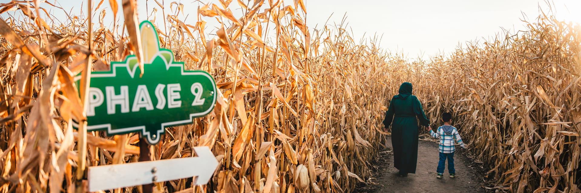 woman and child heading into a corn maze in the fall 