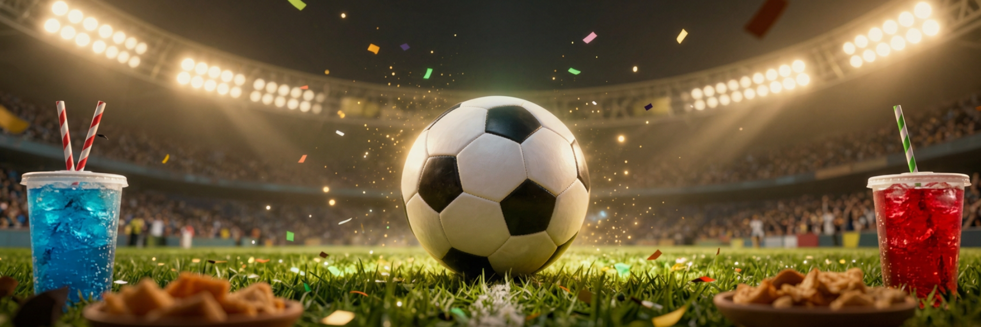 soccer ball on grass with drinks and food graphic 