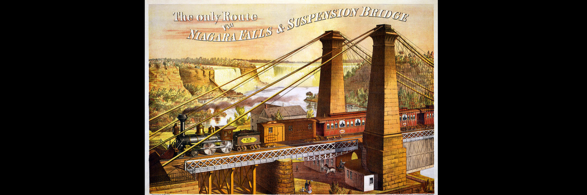 postcard of train on bridge