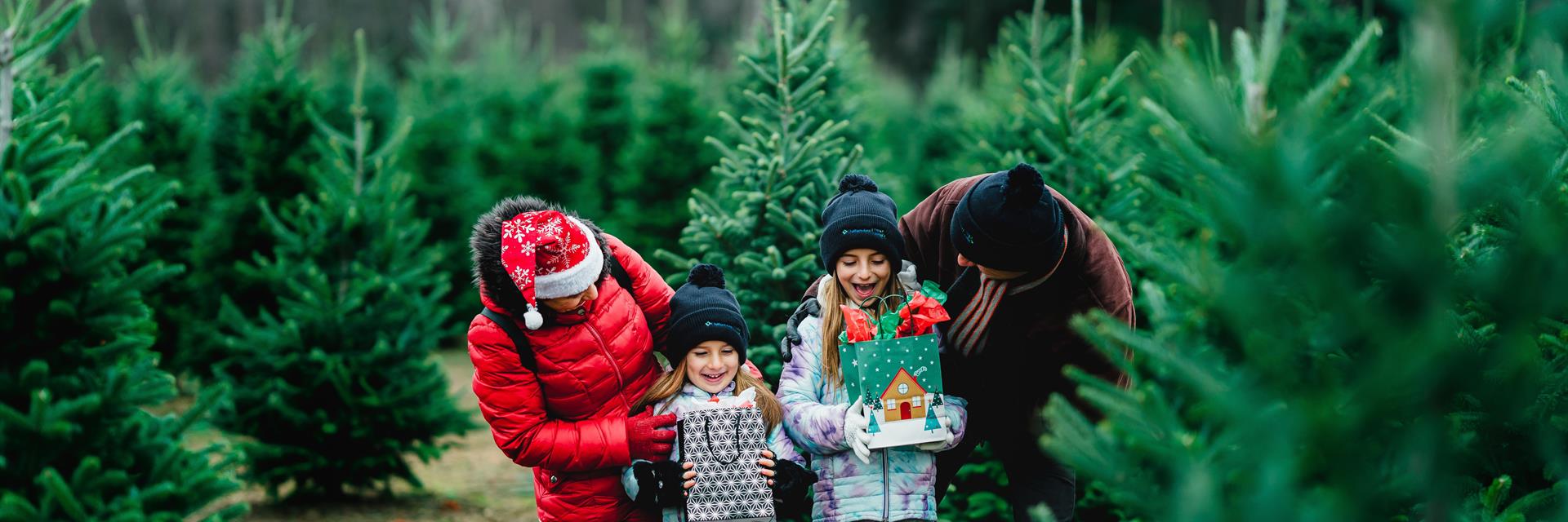 family with christmas gifts among christmas trees outside