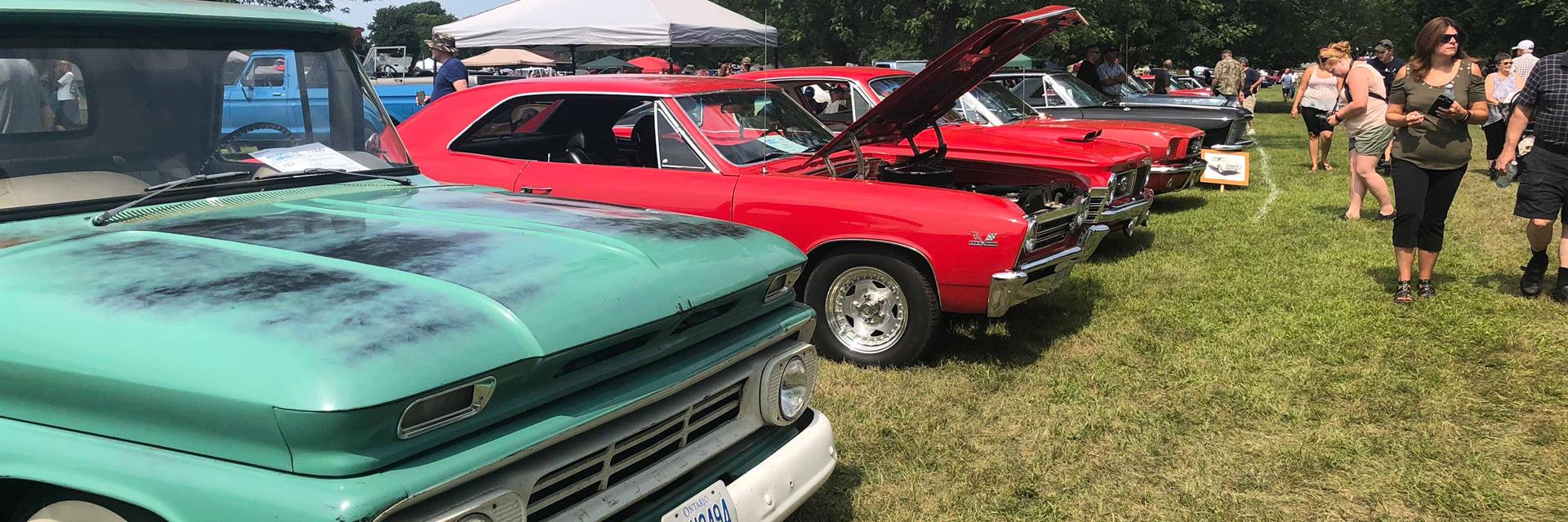 a line of brightly coloured cars on display at a classic car show in chatham-kent