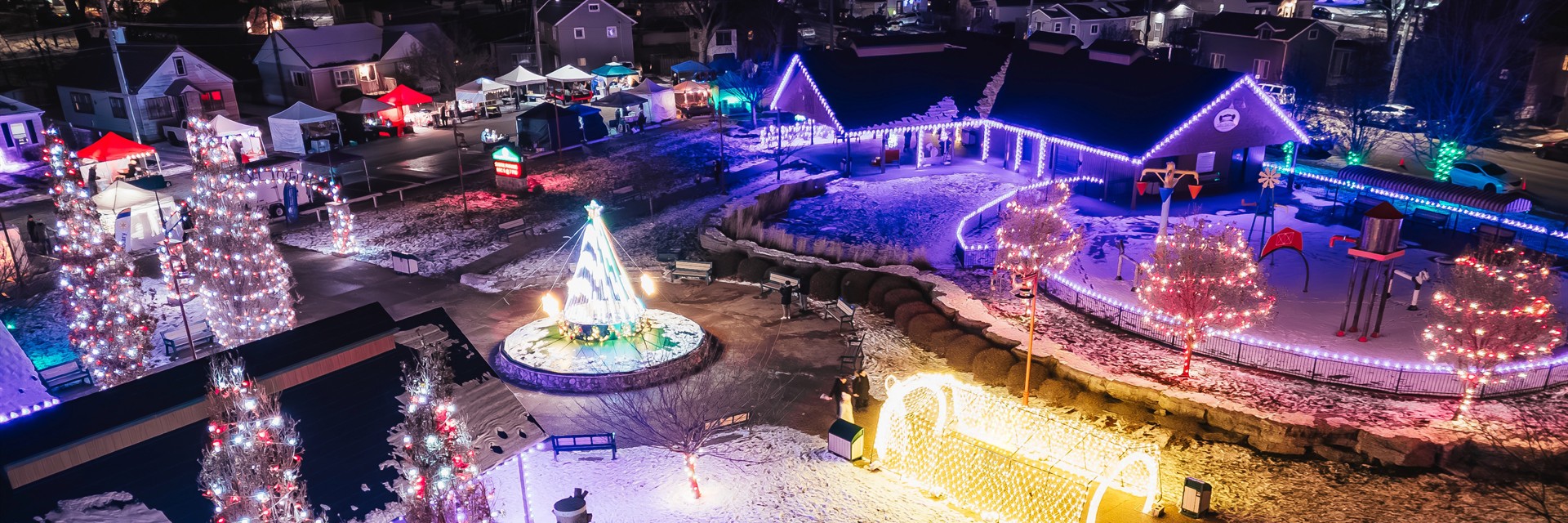 holiday scene from town with lights and trees 