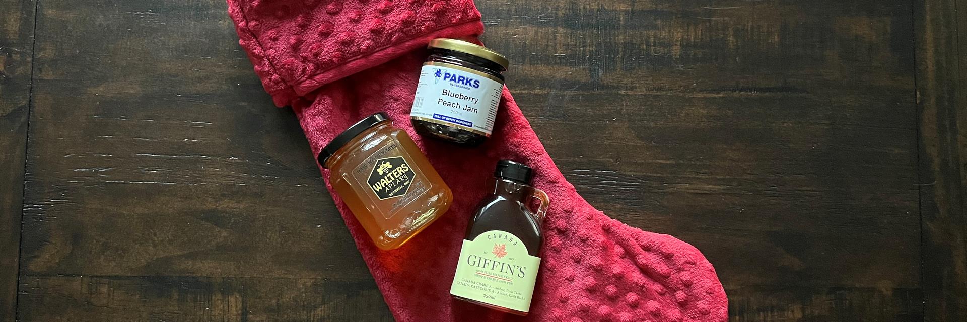 christmas stocking with local preserves